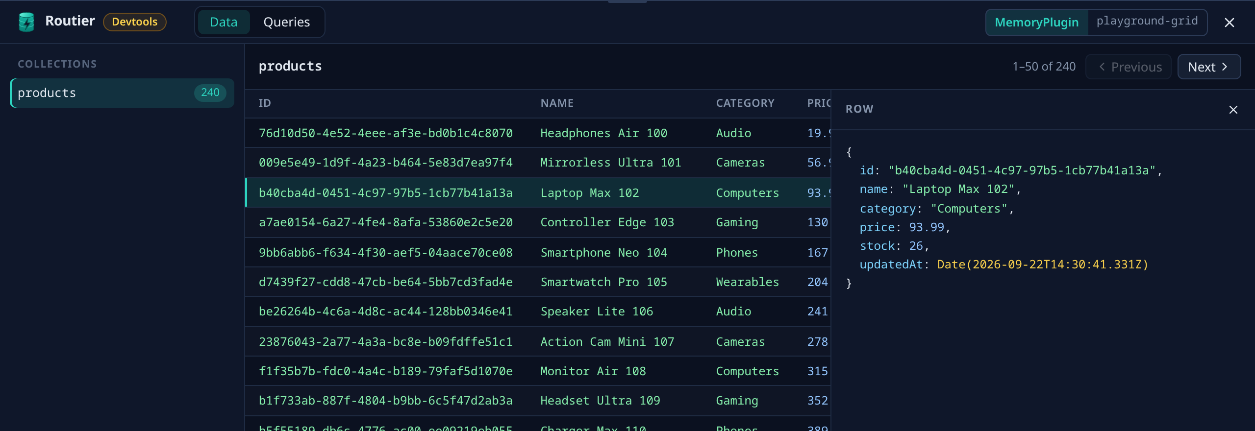 The Routier devtools Data view: collections with live row counts, a table of rows, and one row's full value.