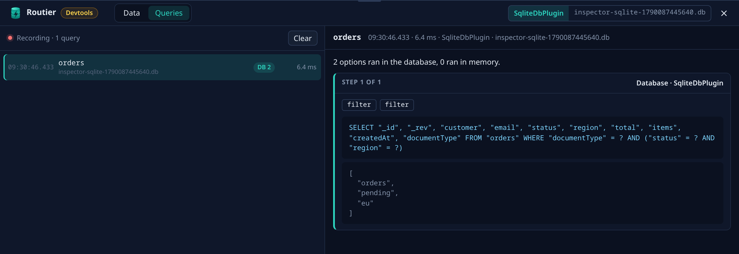 The Routier devtools Queries tab: a recorded query on SQLite with the SQL statement and bound parameters it sent.
